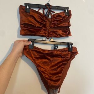 Lace up bikini top & high waisted bottoms in mirror satin